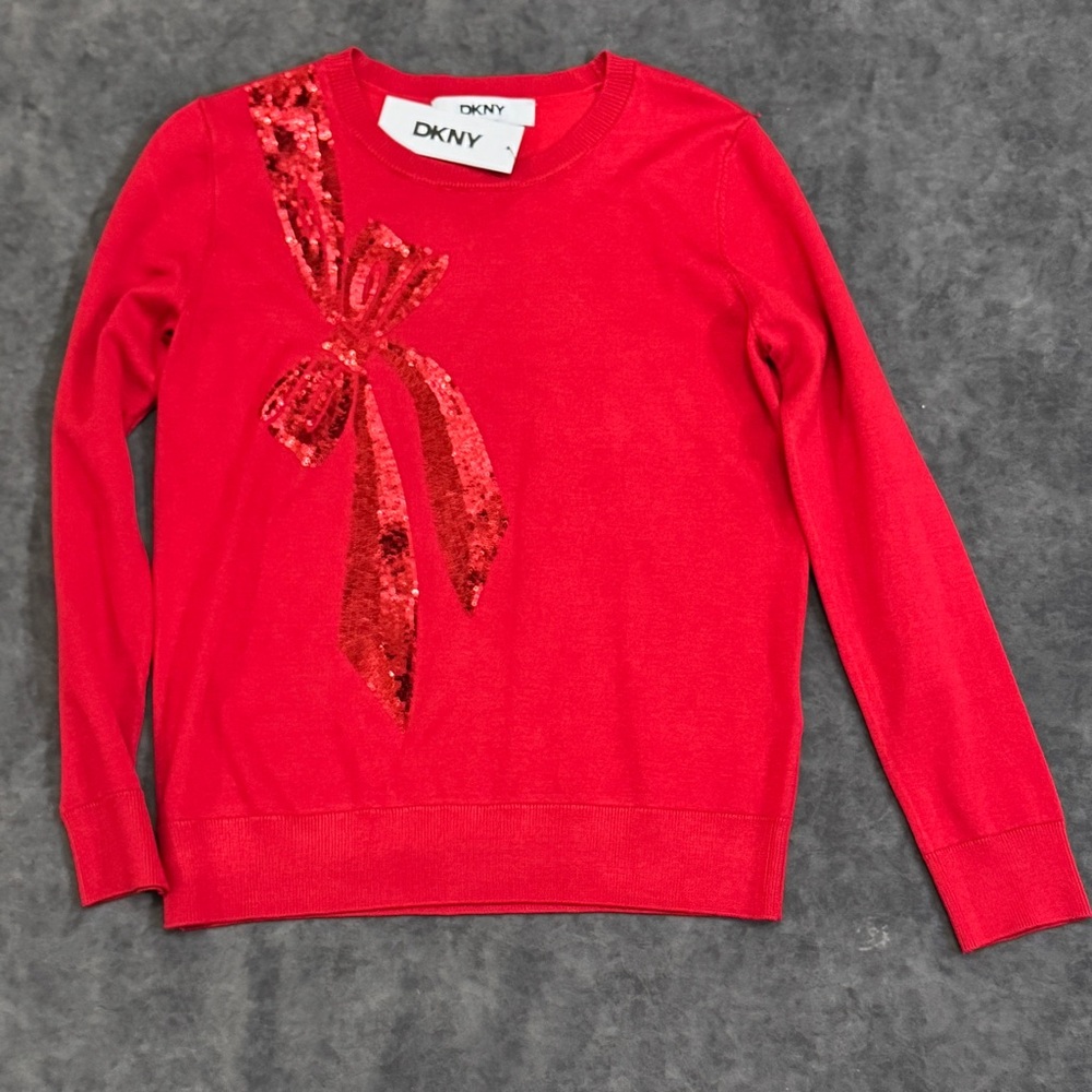 NWT Women DKNY by Donna Karan Sequin Bow Crew Neck Long Sleeve Sweater red Small